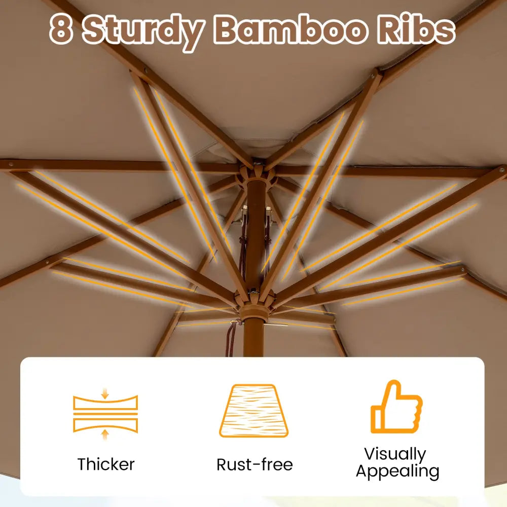 9 FT Patio Umbrella Outdoor Table Market Umbrella with 8 Sturdy Bamboo Ribs-Brown - Brown - Outdoor Umbrellas