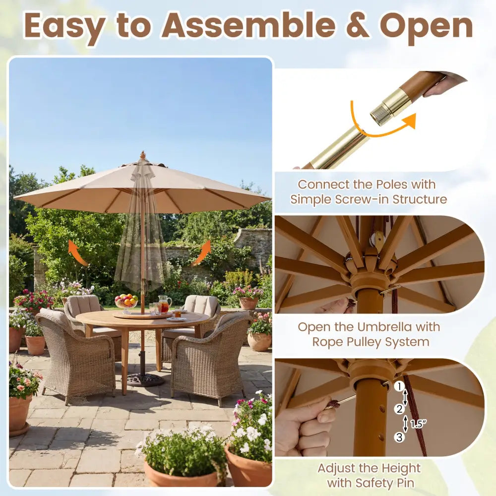 9 FT Patio Umbrella Outdoor Table Market Umbrella with 8 Sturdy Bamboo Ribs-Brown - Brown - Outdoor Umbrellas