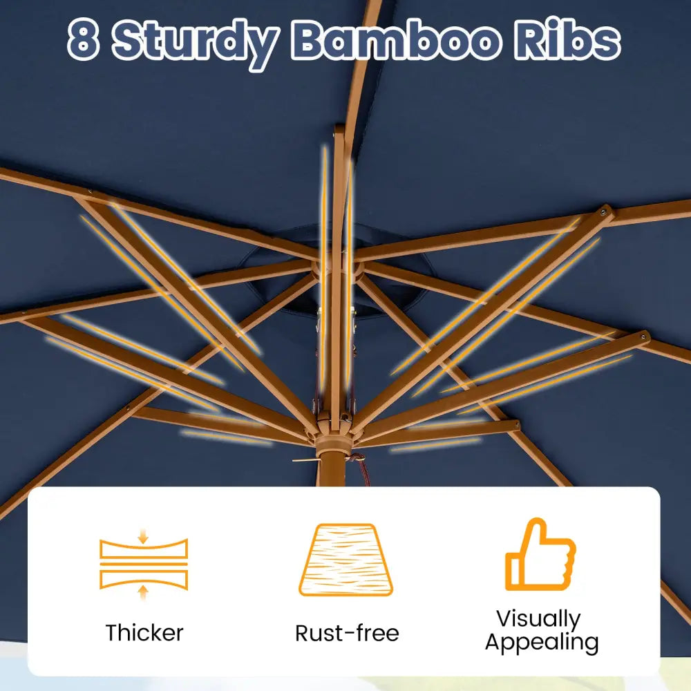 9 FT Patio Umbrella Outdoor Table Market Umbrella with 8 Sturdy Bamboo Ribs-Navy - Navy - Outdoor Umbrellas