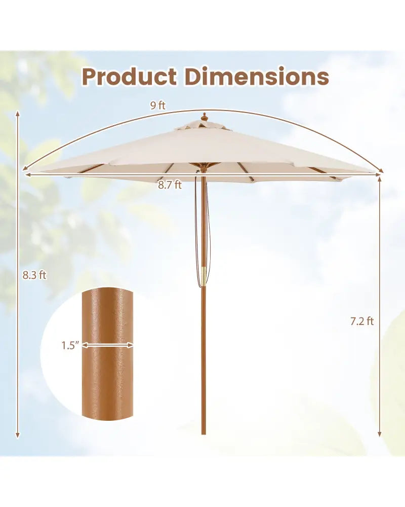 9 FT Patio Umbrella Outdoor Table Market Umbrella with 8 Sturdy Bamboo Ribs-Beige - Beige - Outdoor Umbrellas