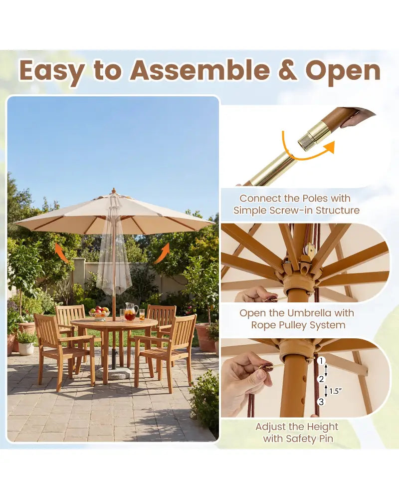 9 FT Patio Umbrella Outdoor Table Market Umbrella with 8 Sturdy Bamboo Ribs-Beige - Beige - Outdoor Umbrellas