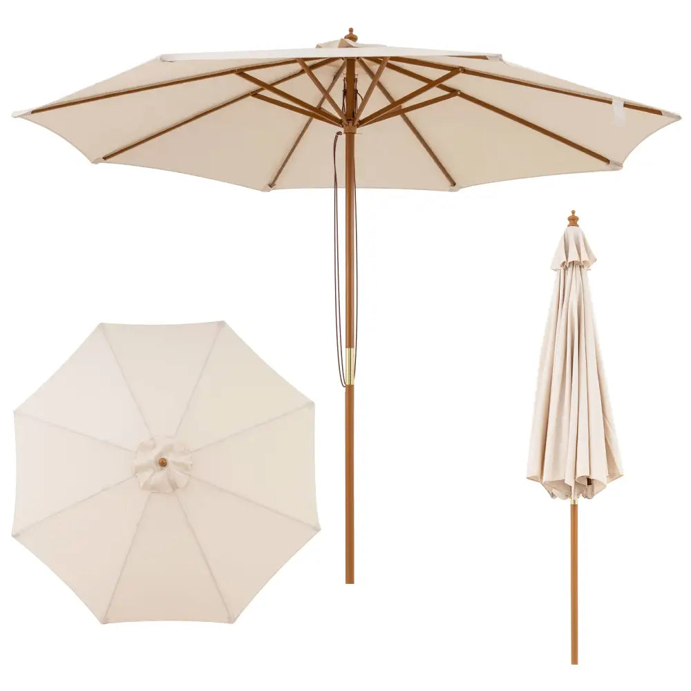 9 FT Patio Umbrella Outdoor Table Market Umbrella with 8 Sturdy Bamboo Ribs-Beige - Beige - Outdoor Umbrellas
