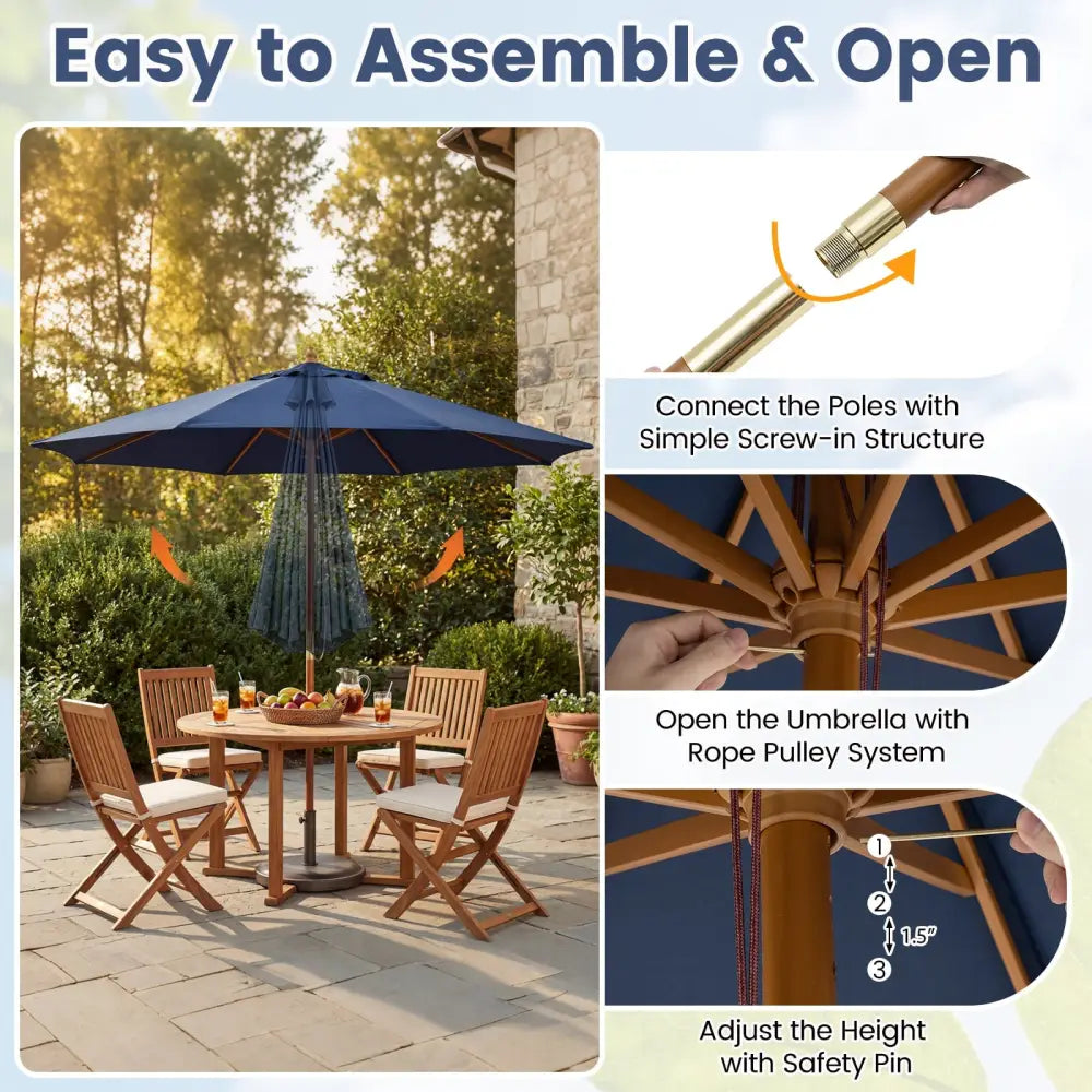 9 FT Patio Umbrella Outdoor Table Market Umbrella with 8 Sturdy Bamboo Ribs-Navy - Navy - Outdoor Umbrellas