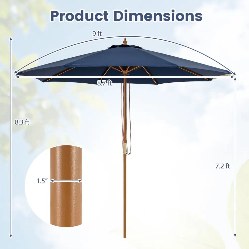 9 FT Patio Umbrella Outdoor Table Market Umbrella with 8 Sturdy Bamboo Ribs-Navy - Navy - Outdoor Umbrellas
