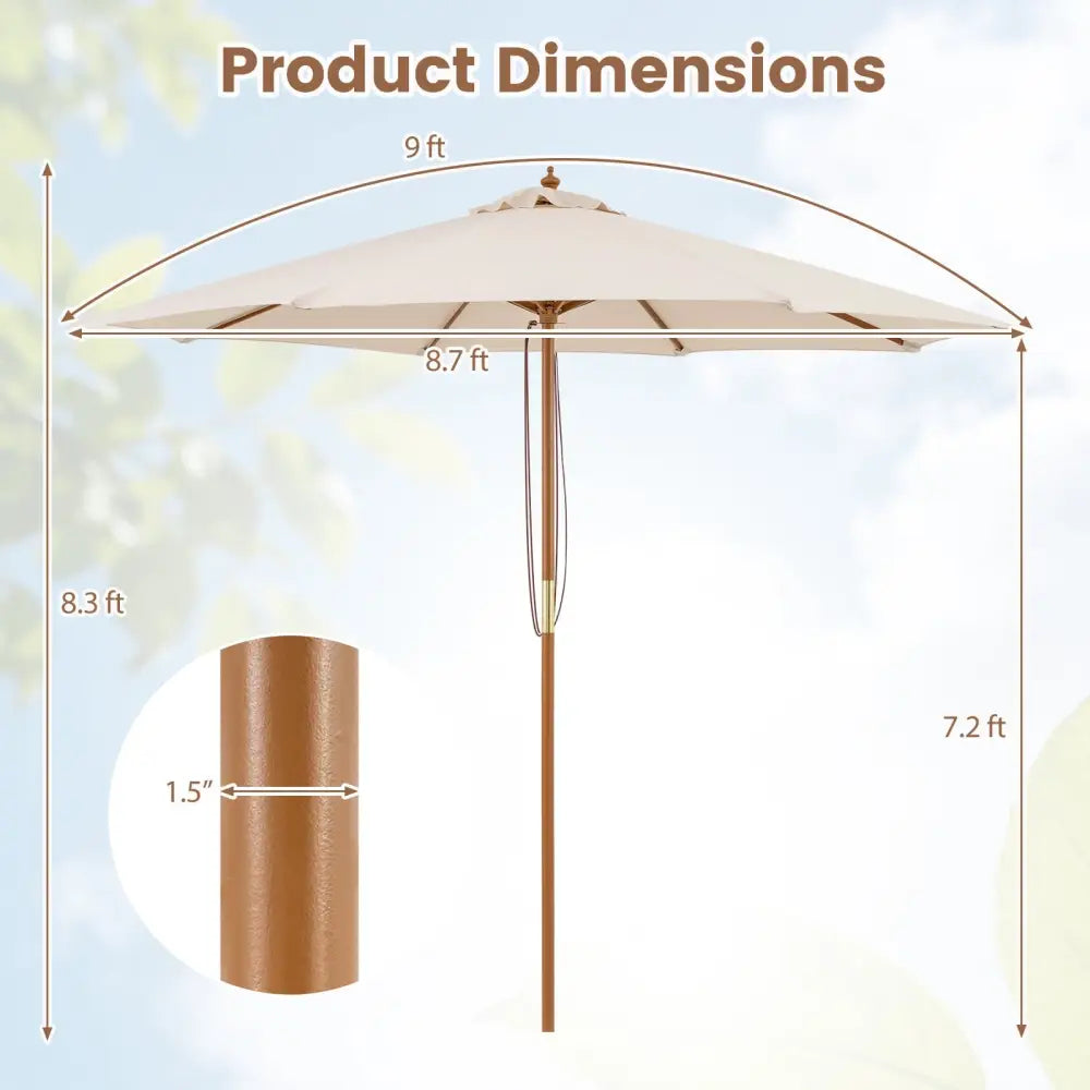 9 FT Patio Umbrella Outdoor Table Market Umbrella with 8 Sturdy Bamboo Ribs-Beige - Beige - Outdoor Umbrellas