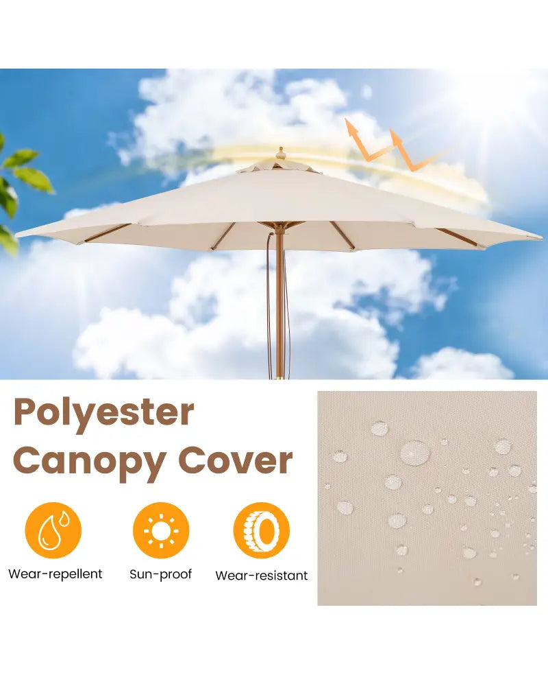 9 FT Patio Umbrella Outdoor Table Market Umbrella with 8 Sturdy Bamboo Ribs-Beige - Beige - Outdoor Umbrellas