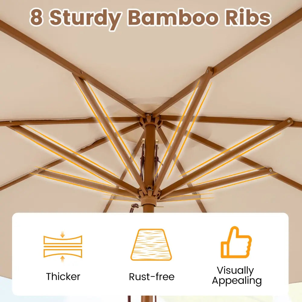 9 FT Patio Umbrella Outdoor Table Market Umbrella with 8 Sturdy Bamboo Ribs-Beige - Beige - Outdoor Umbrellas