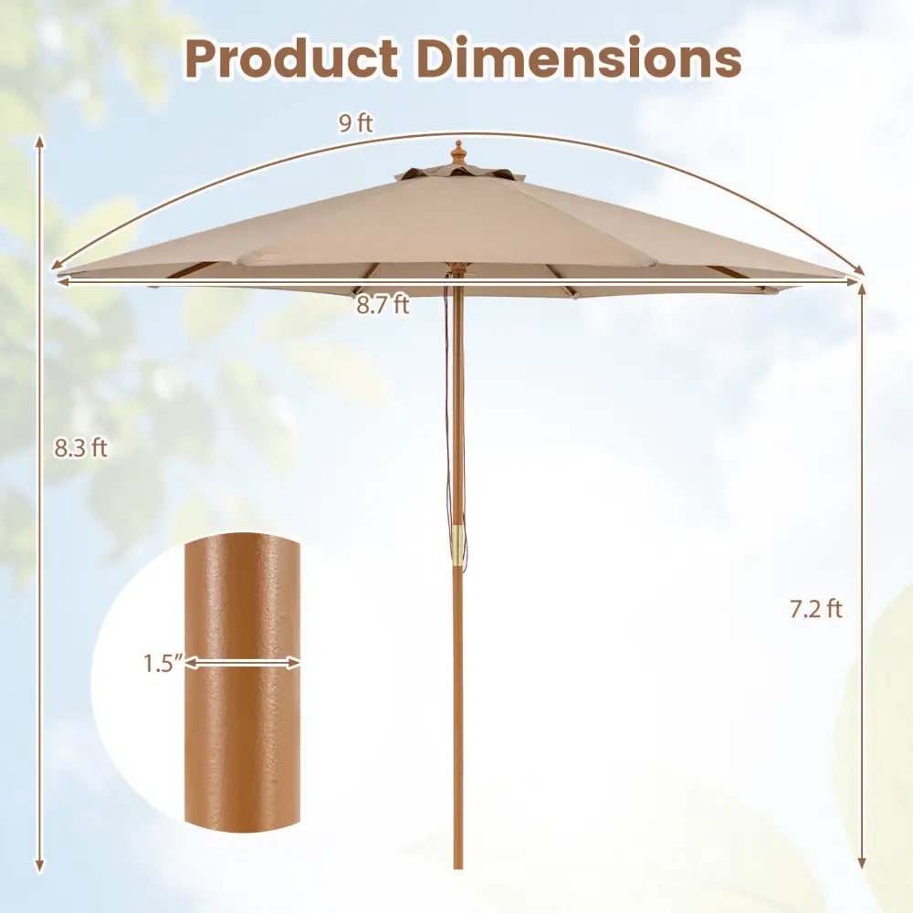 9 FT Patio Umbrella Outdoor Table Market Umbrella with 8 Sturdy Bamboo Ribs-Brown - Brown - Outdoor Umbrellas
