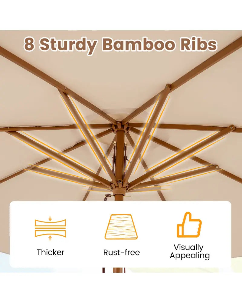 9 FT Patio Umbrella Outdoor Table Market Umbrella with 8 Sturdy Bamboo Ribs-Beige - Beige - Outdoor Umbrellas