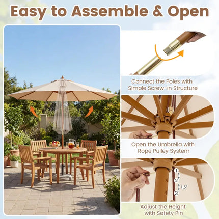 9 FT Patio Umbrella Outdoor Table Market Umbrella with 8 Sturdy Bamboo Ribs-Beige - Beige - Outdoor Umbrellas