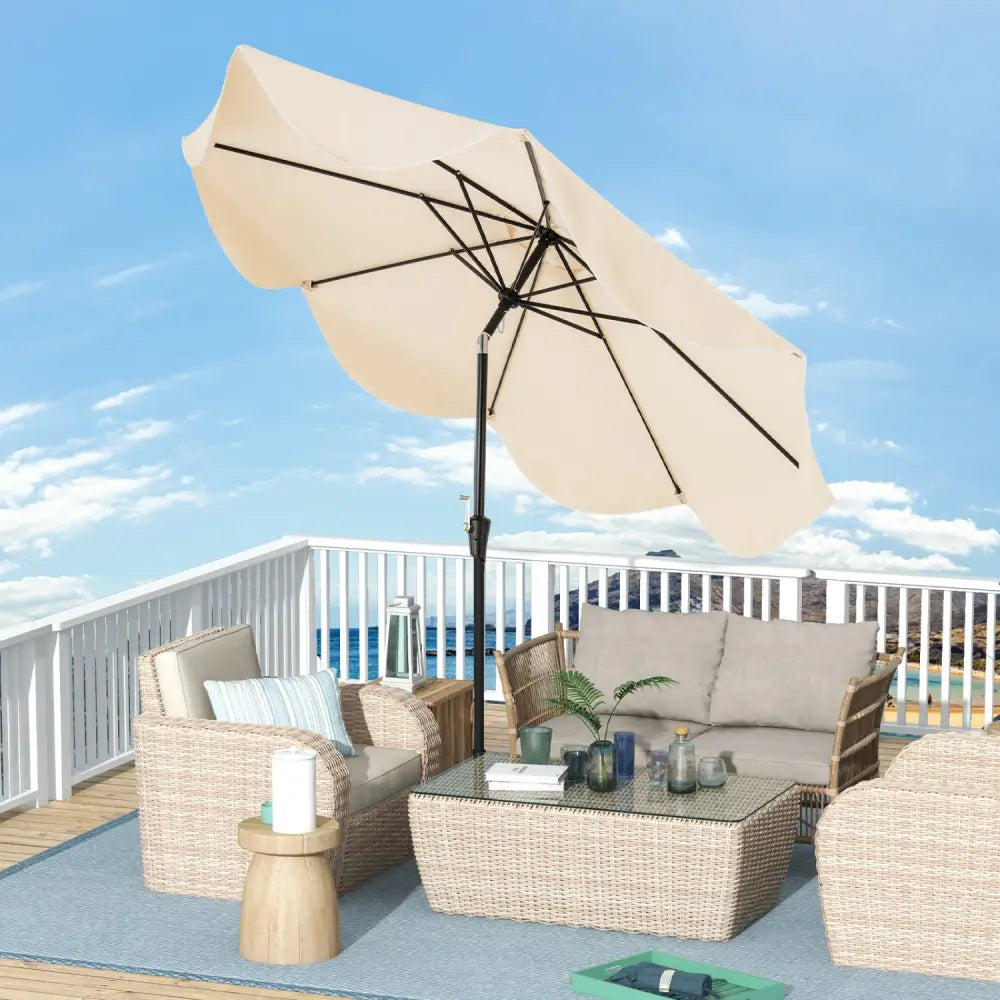9 FT Patio Umbrella with Crank Handle and Push Button Tilt-Beige - Beige - Outdoor Umbrellas