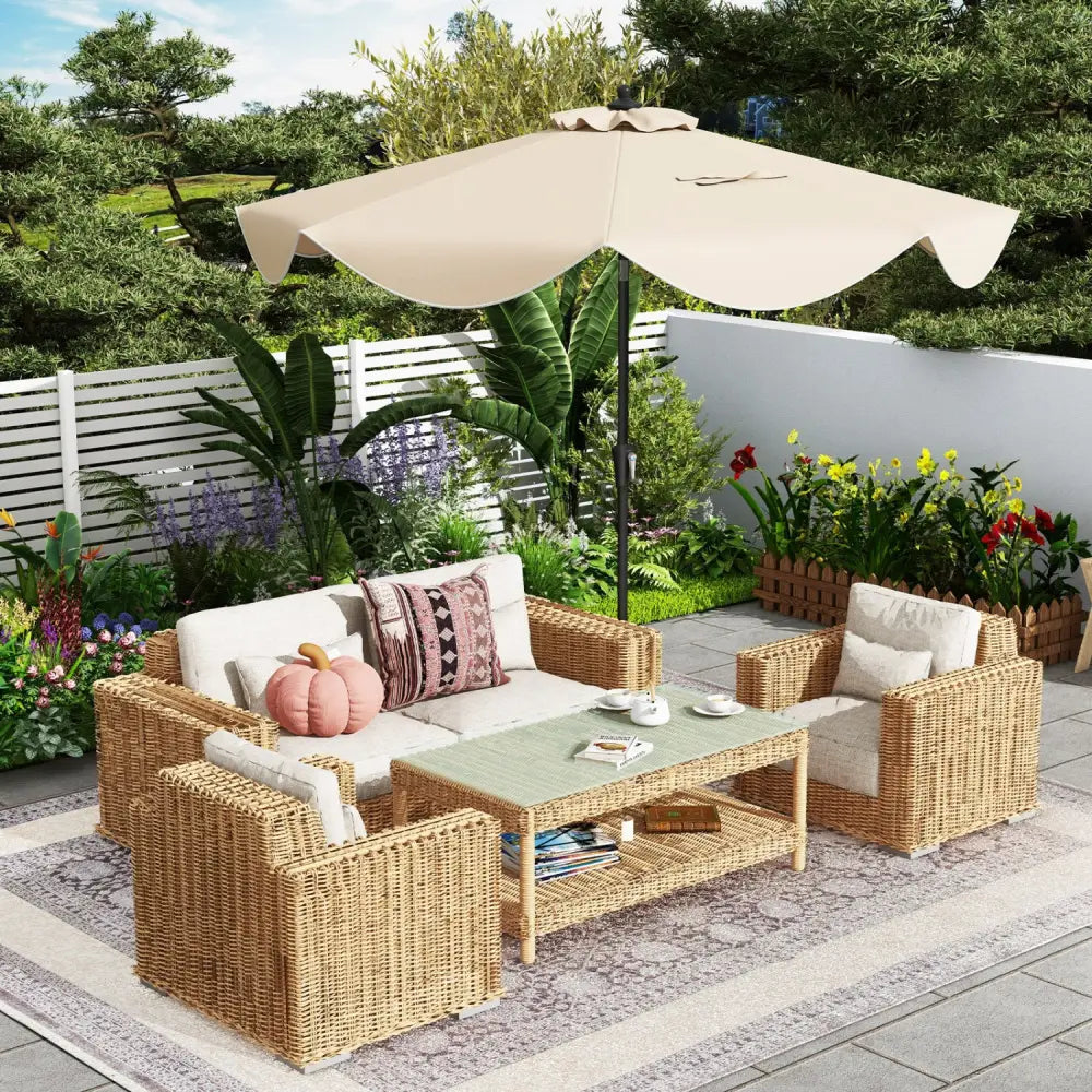 9 FT Patio Umbrella with Crank Handle and Push Button Tilt-Beige - Beige - Outdoor Umbrellas