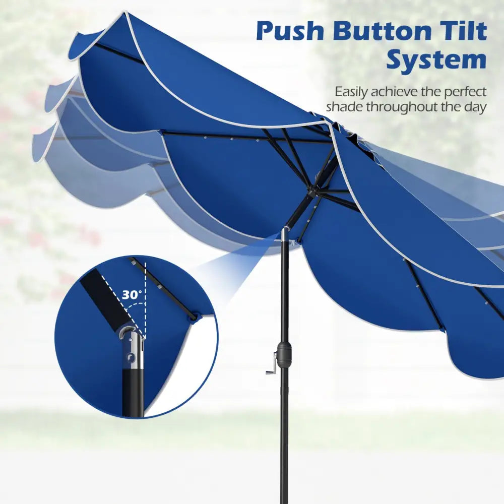 9 FT Scalloped Solar Patio Umbrella Market Table Umbrella with 24 LED Lights-Navy - Navy - Outdoor Umbrellas