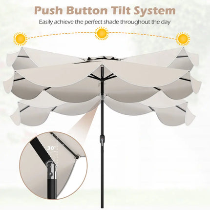 9 FT Scalloped Solar Patio Umbrella Market Table Umbrella with 24 LED Lights-Beige - Beige - Outdoor Umbrellas