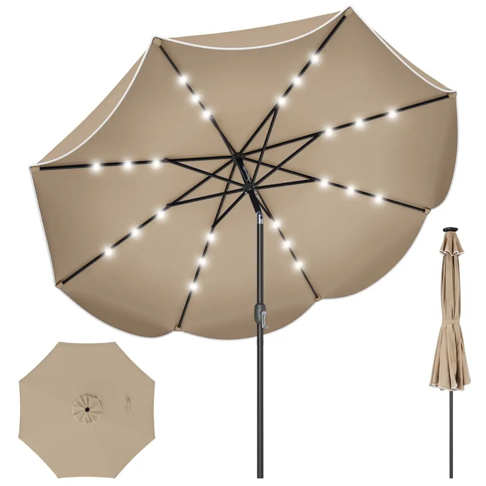 9 FT Scalloped Solar Patio Umbrella Market Table Umbrella with 24 LED Lights-Tan - Tan - Outdoor Umbrellas