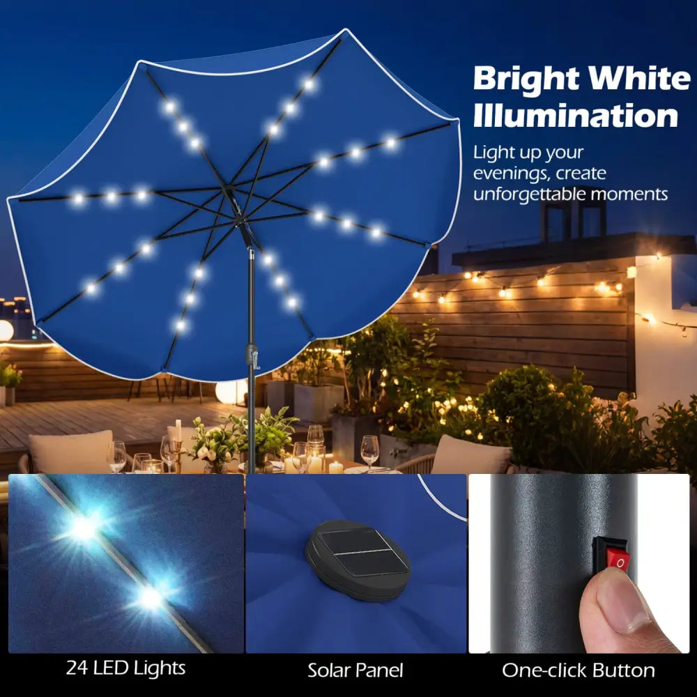 9 FT Scalloped Solar Patio Umbrella Market Table Umbrella with 24 LED Lights-Navy - Navy - Outdoor Umbrellas