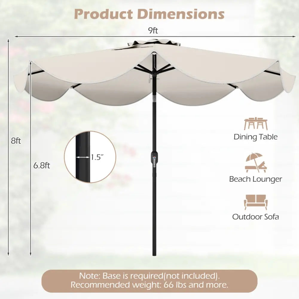 9 FT Scalloped Solar Patio Umbrella Market Table Umbrella with 24 LED Lights-Beige - Beige - Outdoor Umbrellas