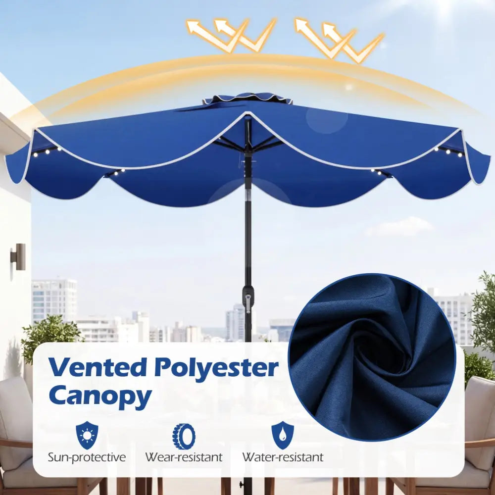 9 FT Scalloped Solar Patio Umbrella Market Table Umbrella with 24 LED Lights-Navy - Navy - Outdoor Umbrellas