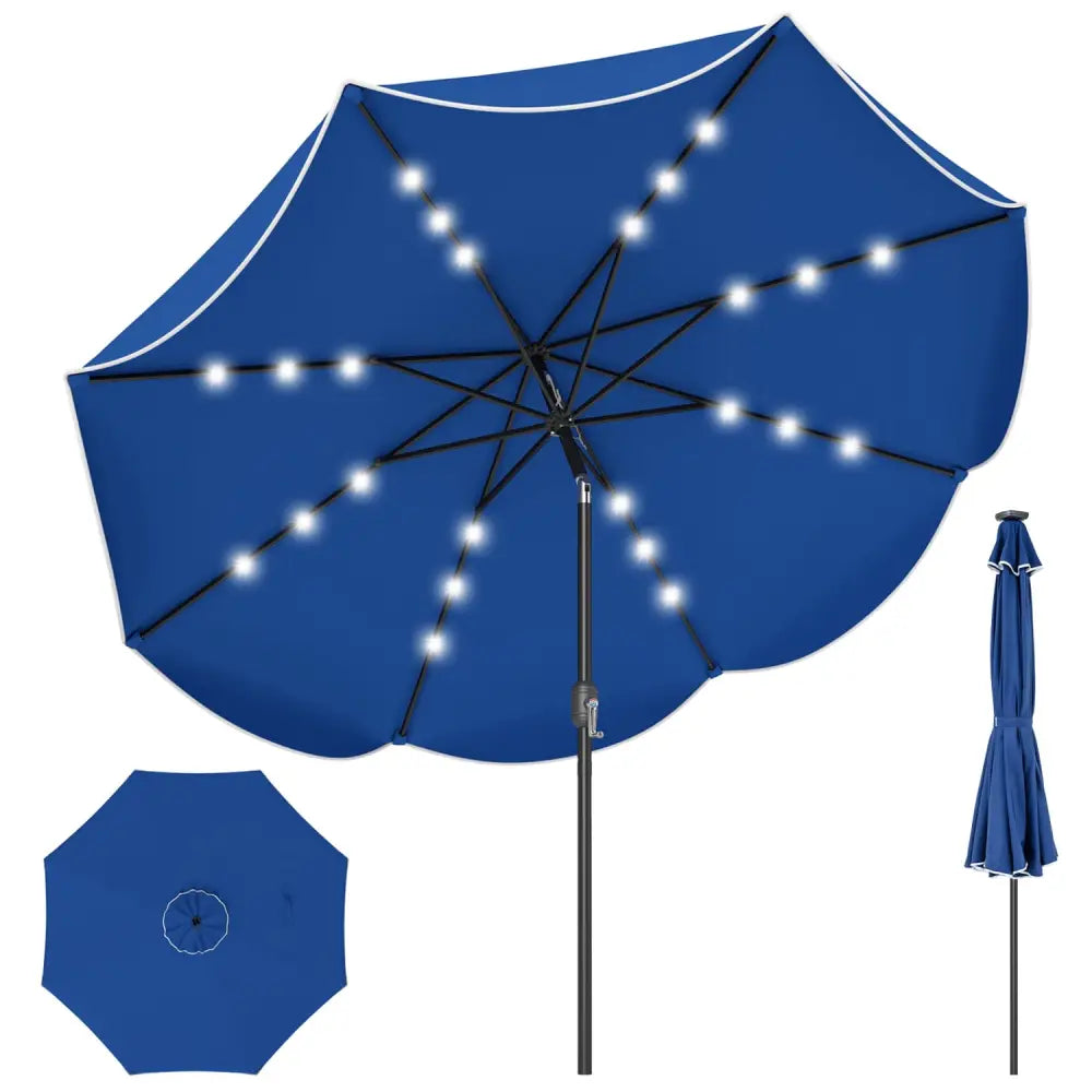 9 FT Scalloped Solar Patio Umbrella Market Table Umbrella with 24 LED Lights-Navy - Navy - Outdoor Umbrellas
