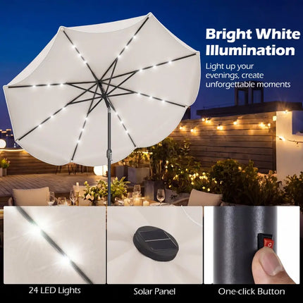 9 FT Scalloped Solar Patio Umbrella Market Table Umbrella with 24 LED Lights-Beige - Beige - Outdoor Umbrellas