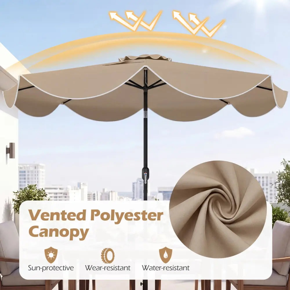 9 FT Scalloped Solar Patio Umbrella Market Table Umbrella with 24 LED Lights-Tan - Tan - Outdoor Umbrellas