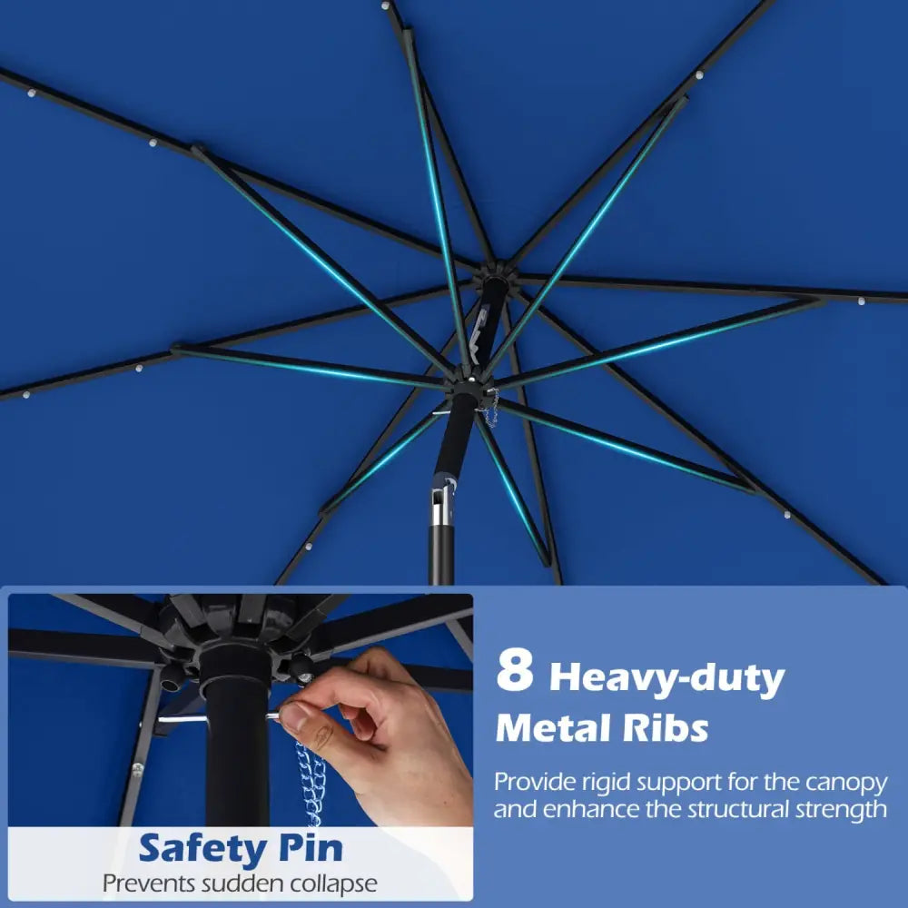 9 FT Scalloped Solar Patio Umbrella Market Table Umbrella with 24 LED Lights-Navy - Navy - Outdoor Umbrellas
