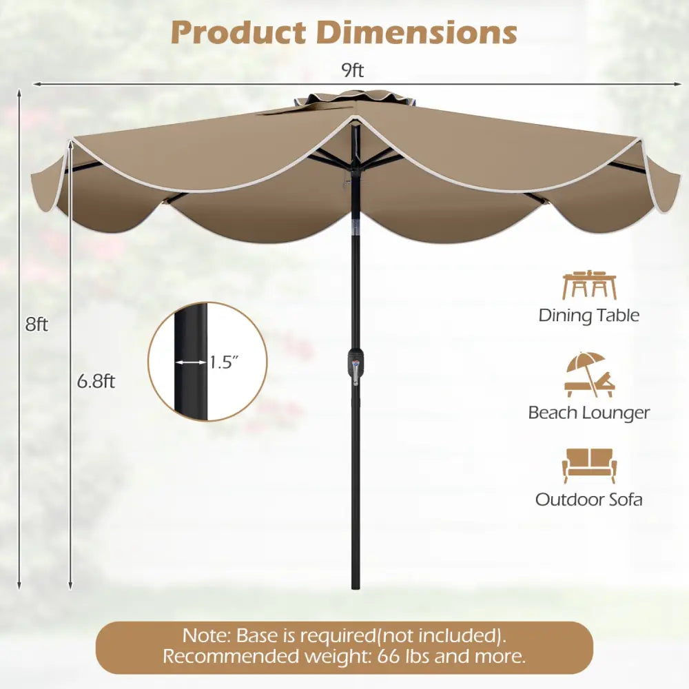9 FT Scalloped Solar Patio Umbrella Market Table Umbrella with 24 LED Lights-Tan - Tan - Outdoor Umbrellas