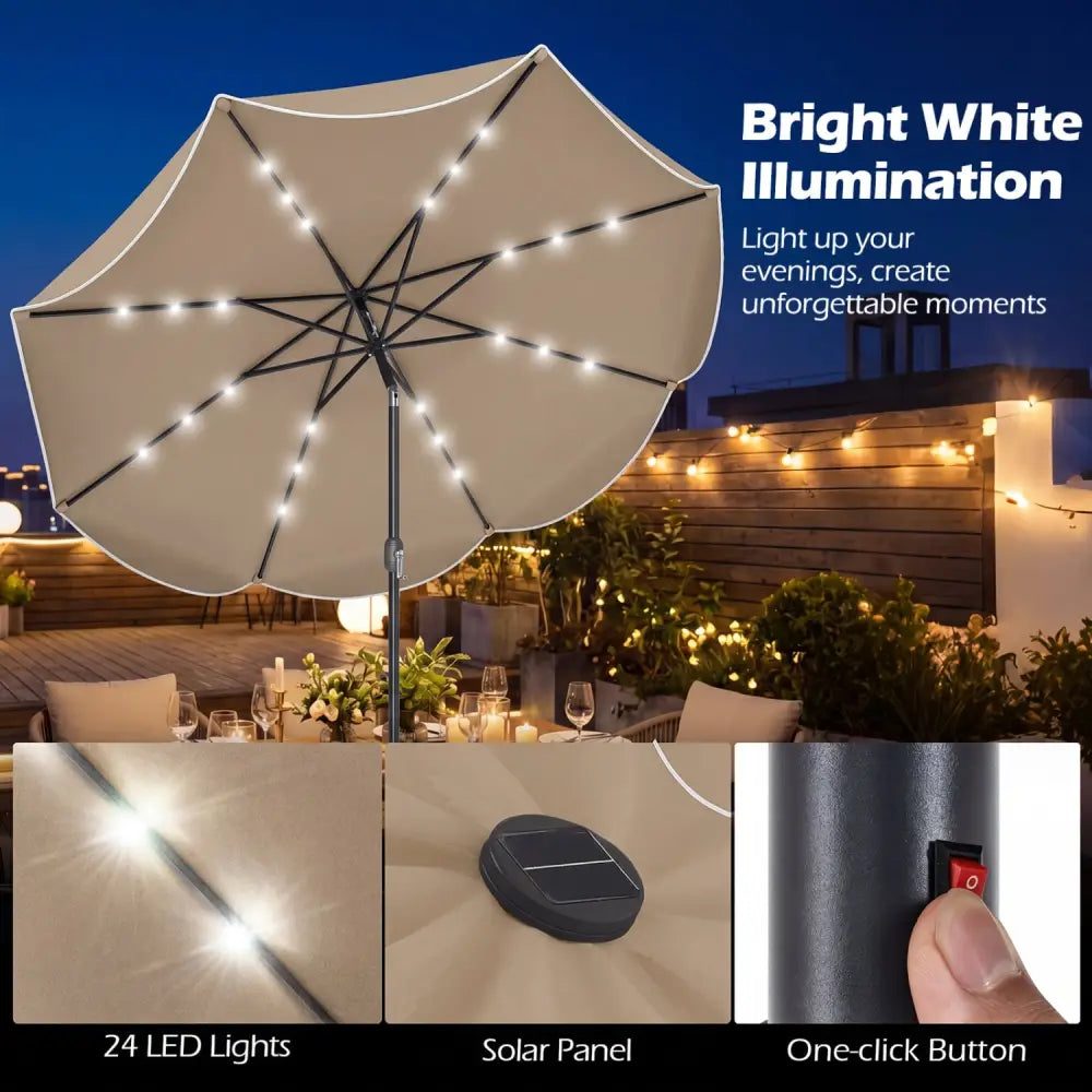 9 FT Scalloped Solar Patio Umbrella Market Table Umbrella with 24 LED Lights-Tan - Tan - Outdoor Umbrellas
