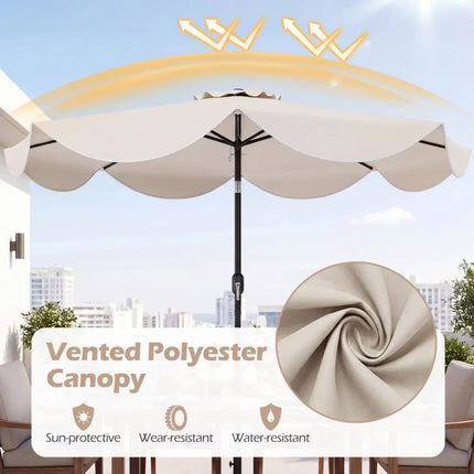9 FT Scalloped Solar Patio Umbrella Market Table Umbrella with 24 LED Lights-Beige - Beige - Outdoor Umbrellas