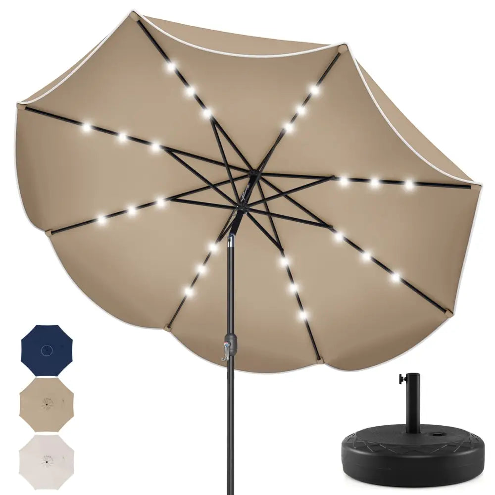 9 FT Scalloped Solar Patio Umbrella Market Table Umbrella with 24 LED Lights-Tan - Tan - Outdoor Umbrellas