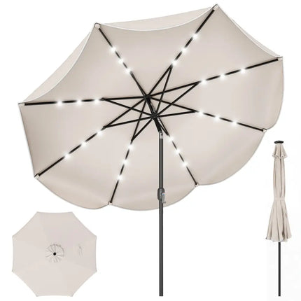 9 FT Scalloped Solar Patio Umbrella Market Table Umbrella with 24 LED Lights-Beige - Beige - Outdoor Umbrellas