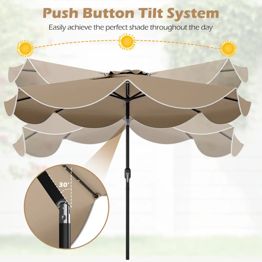 9 FT Scalloped Solar Patio Umbrella Market Table Umbrella with 24 LED Lights-Tan - Tan - Outdoor Umbrellas
