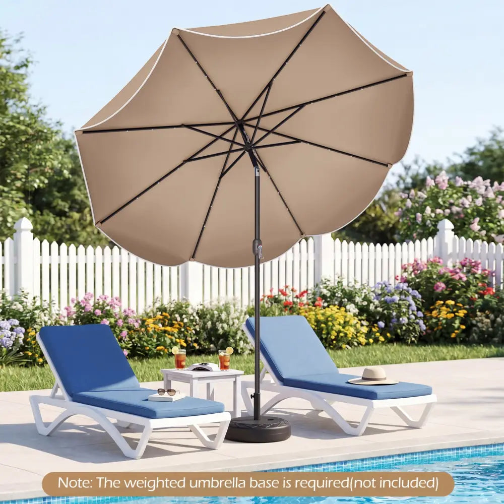 9 FT Scalloped Solar Patio Umbrella Market Table Umbrella with 24 LED Lights-Tan - Tan - Outdoor Umbrellas