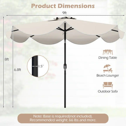 9 FT Scalloped Solar Patio Umbrella Market Table Umbrella with 24 LED Lights-Beige - Beige - Outdoor Umbrellas