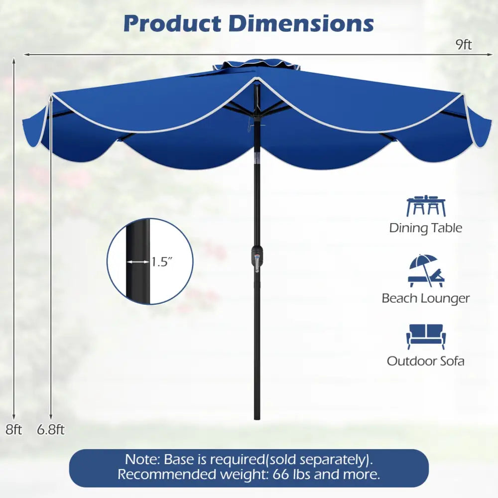 9 FT Scalloped Solar Patio Umbrella Market Table Umbrella with 24 LED Lights-Navy - Navy - Outdoor Umbrellas