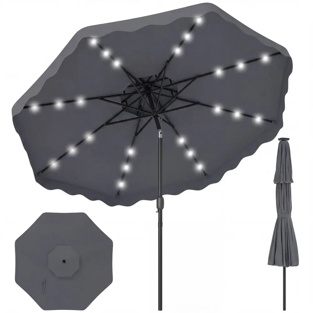 9 FT Solar LED Patio Umbrella Push-Button Tilt and Crank 24 LED Lights and 8 Ribs-Gray - Gray - Outdoor Umbrellas