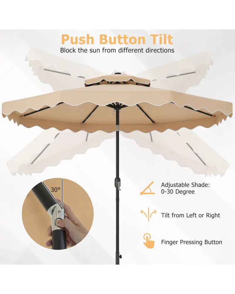 9 FT Solar LED Patio Umbrella Push-Button Tilt and Crank 24 LED Lights and 8 Ribs-Beige - Beige - Outdoor Umbrellas