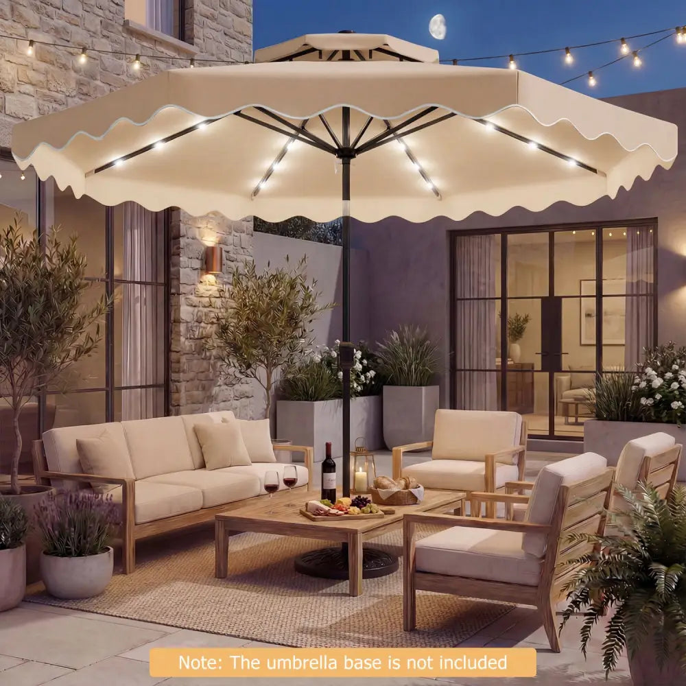 9 FT Solar LED Patio Umbrella Push-Button Tilt and Crank 24 LED Lights and 8 Ribs-Beige - Beige - Outdoor Umbrellas