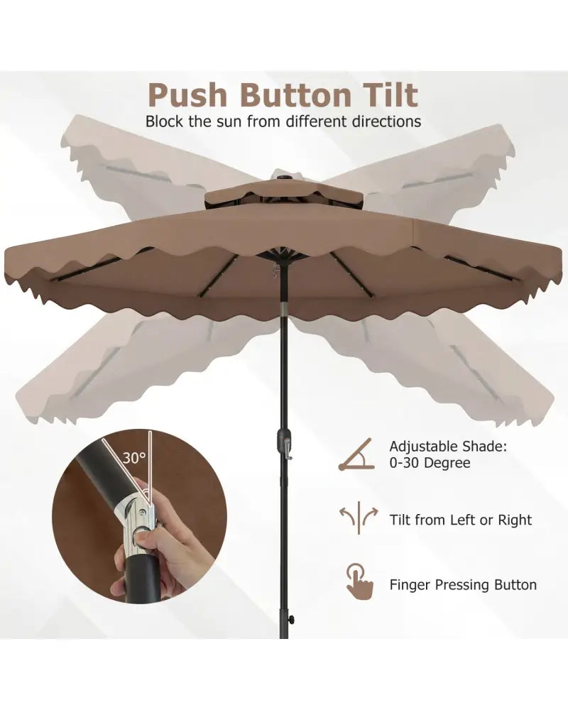 9 FT Solar LED Patio Umbrella Push-Button Tilt and Crank 24 LED Lights and 8 Ribs-Brown - Brown - Outdoor Umbrellas