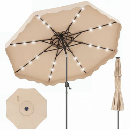 9 FT Solar LED Patio Umbrella Push-Button Tilt and Crank 24 LED Lights and 8 Ribs-Beige - Beige - Outdoor Umbrellas