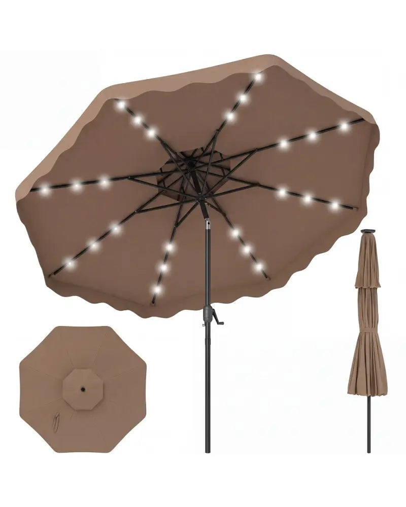 9 FT Solar LED Patio Umbrella Push-Button Tilt and Crank 24 LED Lights and 8 Ribs-Brown - Brown - Outdoor Umbrellas