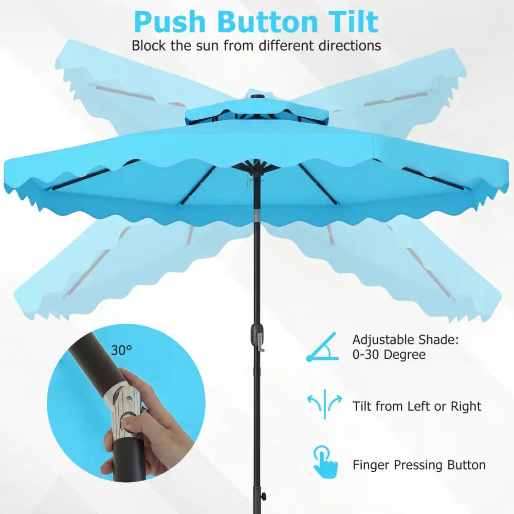 9 FT Solar LED Patio Umbrella Push-Button Tilt and Crank 24 LED Lights and 8 Ribs-Turquoise - Turquoise - Outdoor