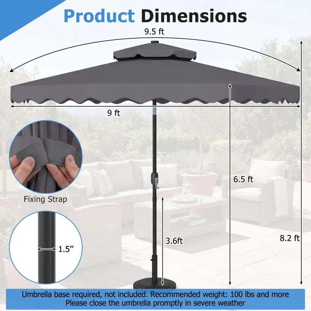 9 FT Solar LED Patio Umbrella Push-Button Tilt and Crank 24 LED Lights and 8 Ribs-Gray - Gray - Outdoor Umbrellas