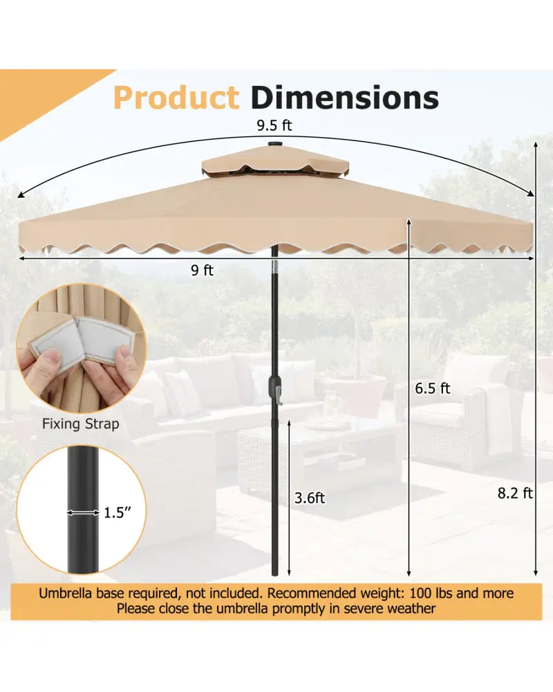 9 FT Solar LED Patio Umbrella Push-Button Tilt and Crank 24 LED Lights and 8 Ribs-Beige - Beige - Outdoor Umbrellas