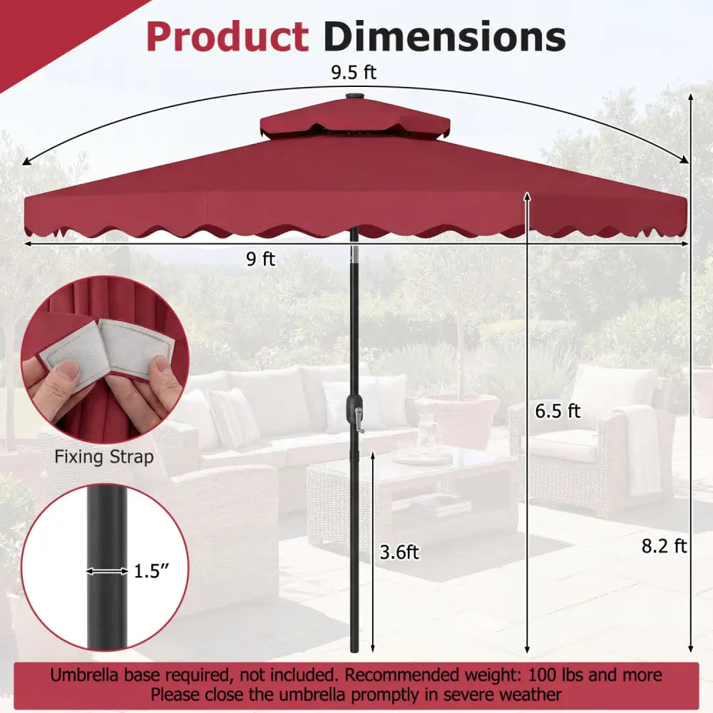 9 FT Solar LED Patio Umbrella Push-Button Tilt and Crank 24 LED Lights and 8 Ribs-Red - Red - Outdoor Umbrellas