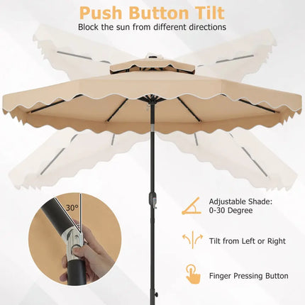 9 FT Solar LED Patio Umbrella Push-Button Tilt and Crank 24 LED Lights and 8 Ribs-Beige - Beige - Outdoor Umbrellas