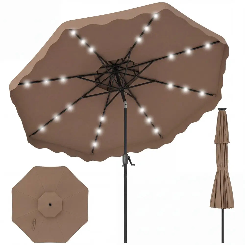 9 FT Solar LED Patio Umbrella Push-Button Tilt and Crank 24 LED Lights and 8 Ribs-Brown - Brown - Outdoor Umbrellas