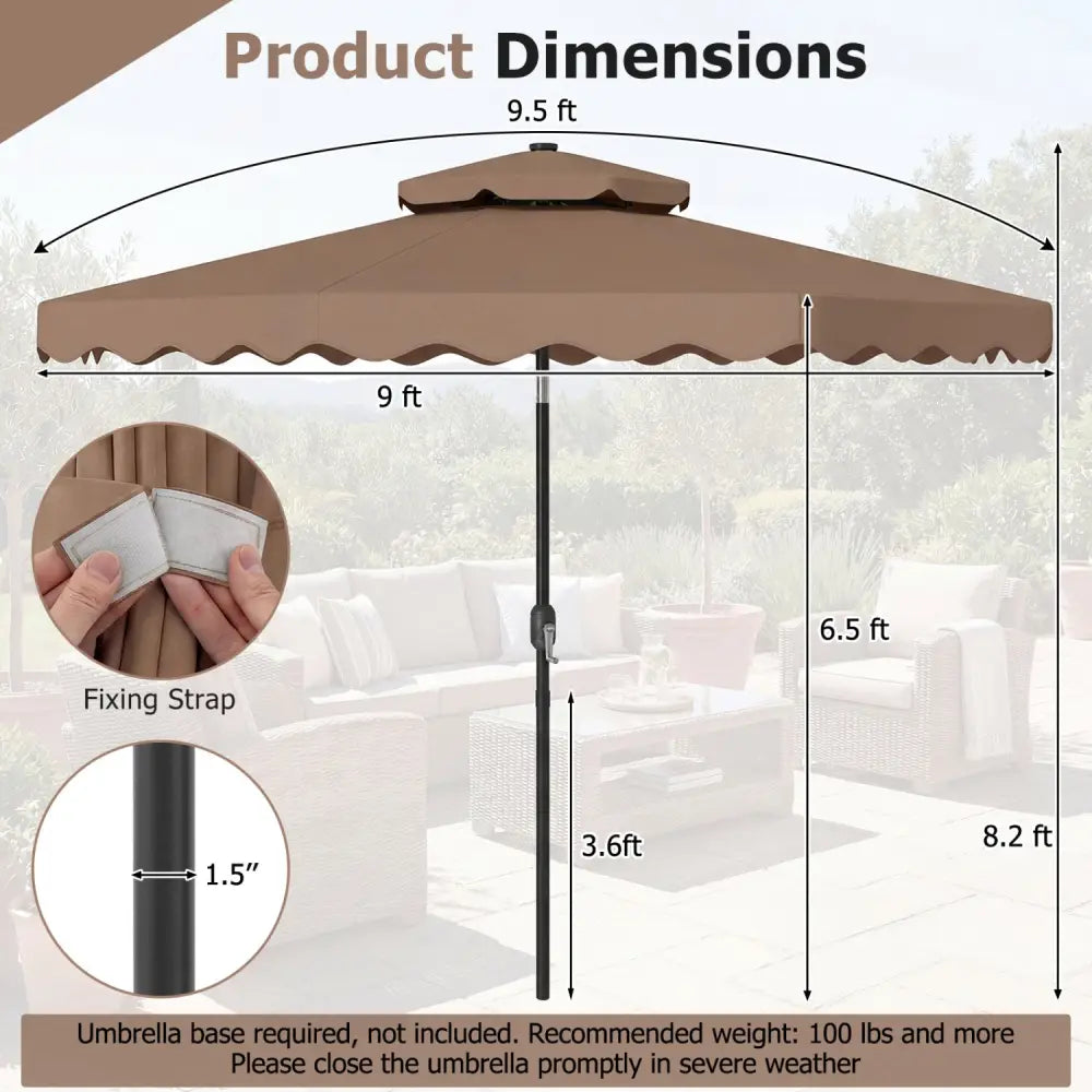 9 FT Solar LED Patio Umbrella Push-Button Tilt and Crank 24 LED Lights and 8 Ribs-Brown - Brown - Outdoor Umbrellas