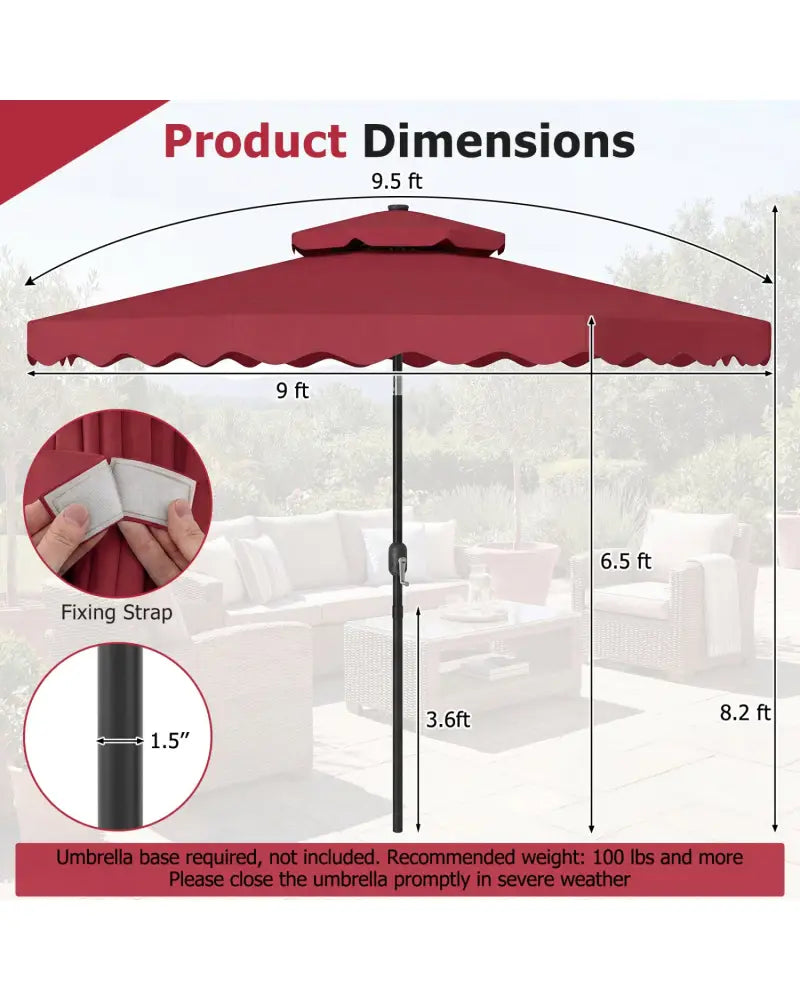 9 FT Solar LED Patio Umbrella Push-Button Tilt and Crank 24 LED Lights and 8 Ribs-Red - Red - Outdoor Umbrellas