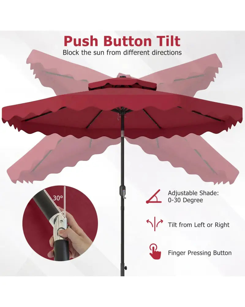 9 FT Solar LED Patio Umbrella Push-Button Tilt and Crank 24 LED Lights and 8 Ribs-Red - Red - Outdoor Umbrellas
